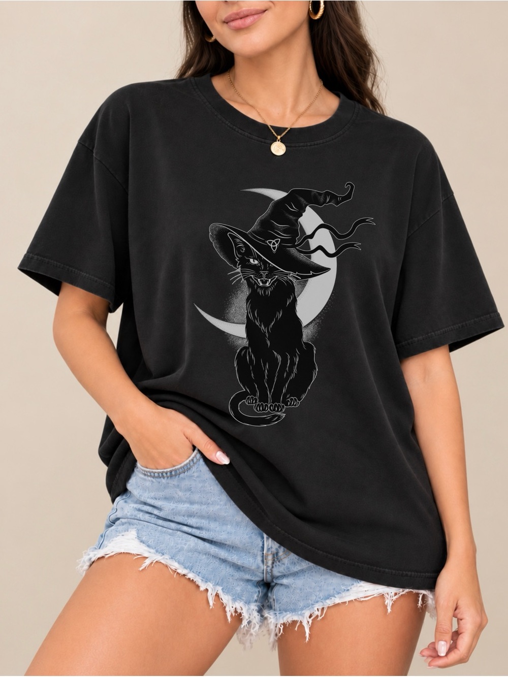 Halloween Black Cat Moon Graphic Unisex T-shirt